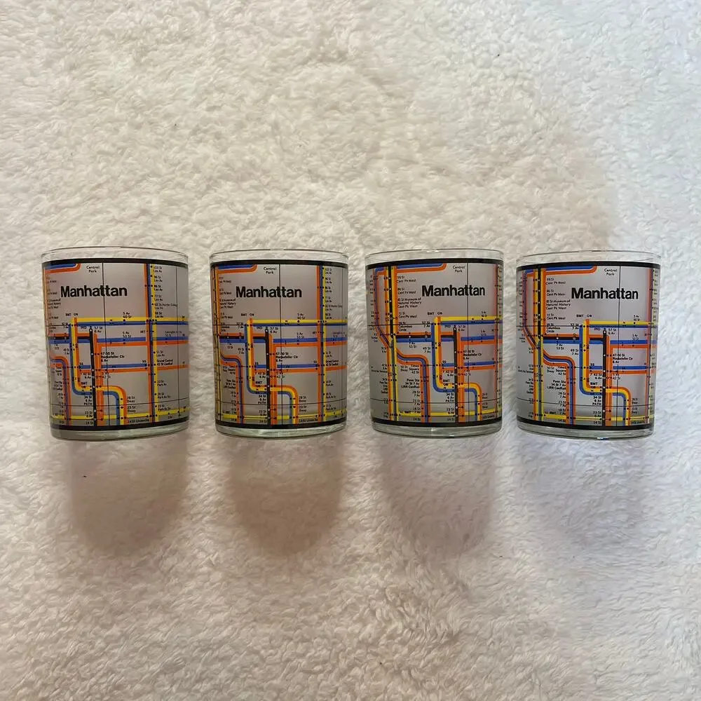 4 RARE BILL BLASS New‎ York City Subway Manhattan Map Whiskey Bourbon Glasses